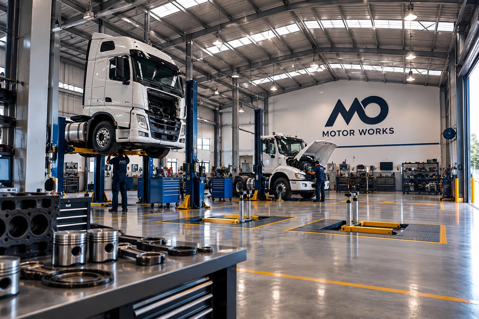 Illustration of an automotive workshop with commercial trucks and vehicle lifts